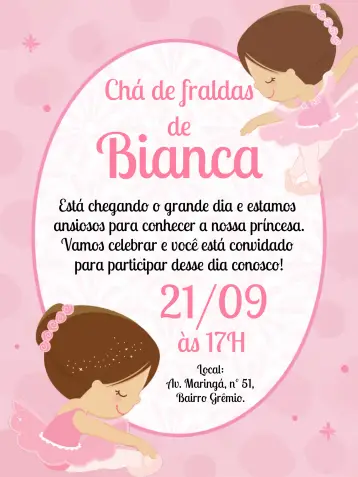 Convite Chá De Bebê Bailarina Balé editável e personalizável