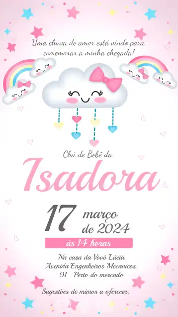 Convite Chá De Bebê Chuva Amor Bebe – tema Chá de Panela rosa suave, branco delicado, cinza neutro, corações, chuva, estilo moderno