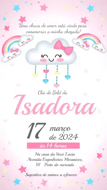 Convite Chá De Bebê Chuva Amor Bebe editável e personalizável