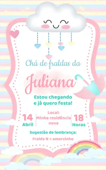 Convite Chá De Bebê - Fraldas Chuva Amor Rosa Arco editável e personalizável
