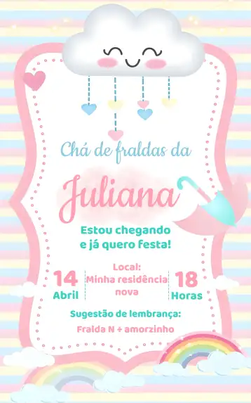 Convite Chá De Bebê - Fraldas Chuva Amor Rosa Arco editável e personalizável