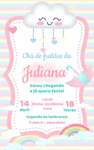 Convite Chá De Bebê - Fraldas Chuva Amor Rosa Arco para chá de bebê – tema chá de fraldas (rosa, colorido, delicado, infantil, fofo)