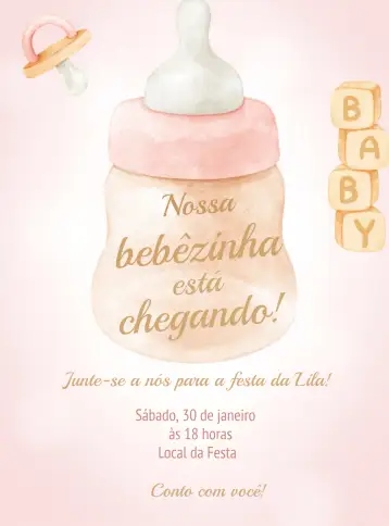 Convite Chá De Bebê Menina Fraldas para chá de bebê para meninas. – tema chá de fraldas (aquarela, rosa e branco, delicado, infantil, feminino, divertido)