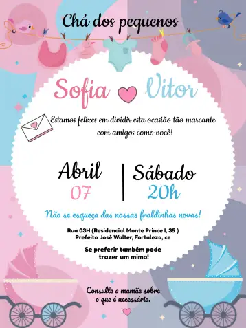 Convite Baby Shower Rosa y Azul Corazón para baby shower para gemelos, niña y niño. – tema más buscados (rosa y azul, corazón, pájaros, marco delicado, ilustraciones infantiles, estilo moderno)