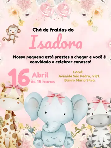 Convite Baby Shower Safari Bebé para baby shower – tema más buscados (safari, floral, delicado, colorido, divertido, moderno)