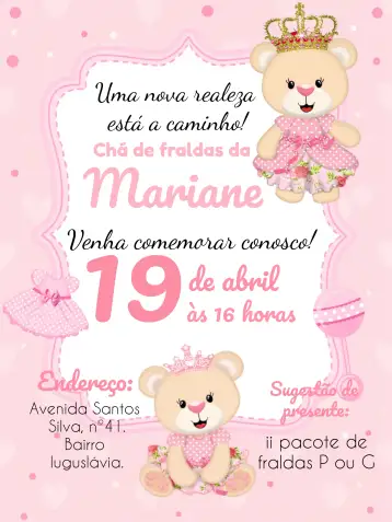 Convite Baby Shower Princesa Osita Té para baby shower para niñas. – tema más buscados (rosa, blanco, realeza, osita, corona, castillo)