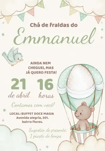 Convite Chá De Bebê Ursinho Baloeiro Verde editável e personalizável