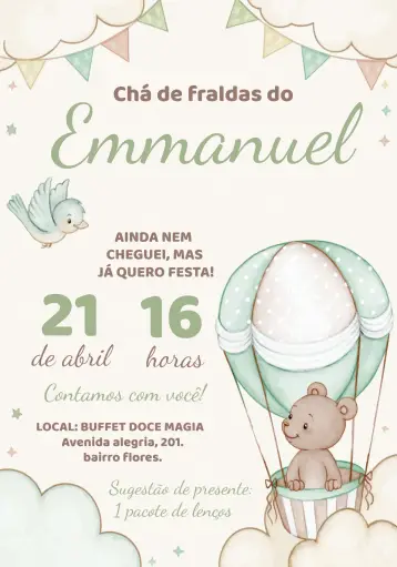 Convite Chá De Bebê Ursinho Baloeiro Verde para chá de bebê – tema chá de fraldas (ursinho, balões, verde, marrom, infantil, divertido)