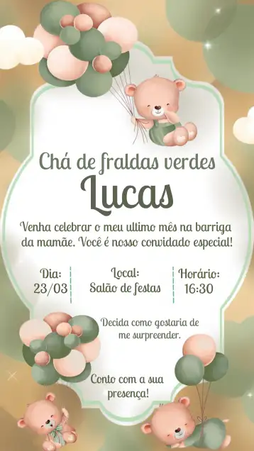 Convite Chá De Bebê Ursinho Verde editável e personalizável