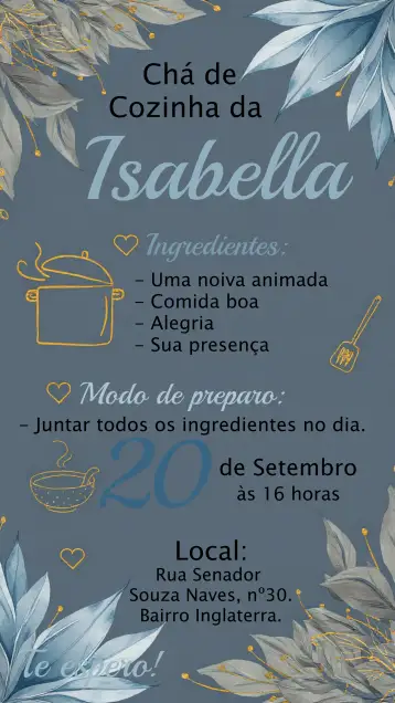 Convite Chá De Cozinha Floral Noivos para chá de panela para noivos. – tema chá de panela (floral, rústico, delicado, moderno, dourado, azul)