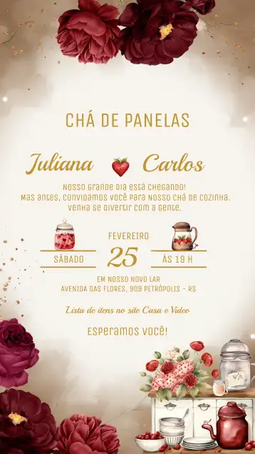 Convite Chá De Cozinha Floral Vinho editável e personalizável