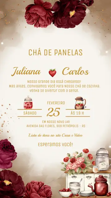 Convite Chá De Cozinha Floral Vinho para perfeito para chá de cozinha e chá de panela. – tema chá de panela (floral, elegante, vintage, romântico, rústico, moderno)