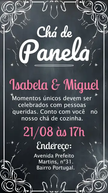 Convite Chá De Cozinha Panela Chalkboard Preto para chá de panela, ideal para celebrar a união e a nova fase dos noivos. – tema chá de panela (chalkboard, moderno, elegante, minimalista, colorido, descontraído)