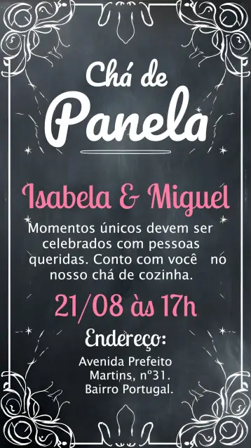 Convite Chá De Cozinha Panela Chalkboard Preto para chá de panela, ideal para celebrar a união e a nova fase dos noivos. – tema chá de panela (chalkboard, moderno, elegante, minimalista, colorido, descontraído)