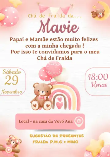 Convite Baby Shower Osito Chupete para baby shower para celebrar la llegada del bebé. – tema baby shower (acuarela, tierno, colorido, infantil, delicado, alegre)