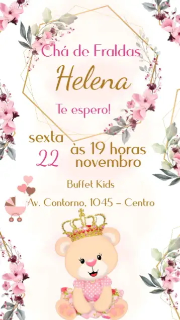 Convite Chá de Fraldas para chá de bebê – tema chá de fraldas (rosa, dourado, princesa, ursinha, lúdico, divertido)