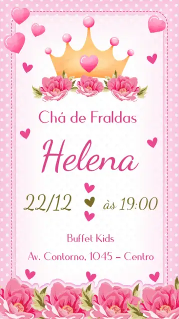 Convite Chá de Fraldas para chá de fraldas para celebrar a chegada de uma menina. – tema chá de fraldas (rosa, floral, lúdico, delicado, moderno)