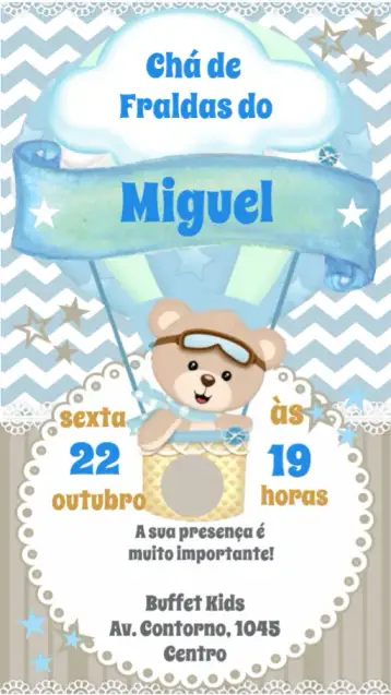 Convite Chá de Fraldas para chá de fraldas para celebrar a chegada do bebê. – tema chá de fraldas (colorido, fofo, branco e azul, animais, nuvens, pastel)