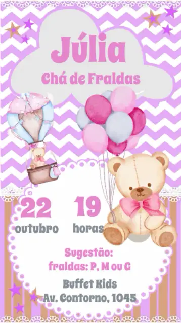 Convite Chá de Fraldas para chá de fraldas para celebrar a chegada do bebê. – tema chá de fraldas (colorido, pastel, ilustrações de animais, estilo minimalista, floral, divertido)