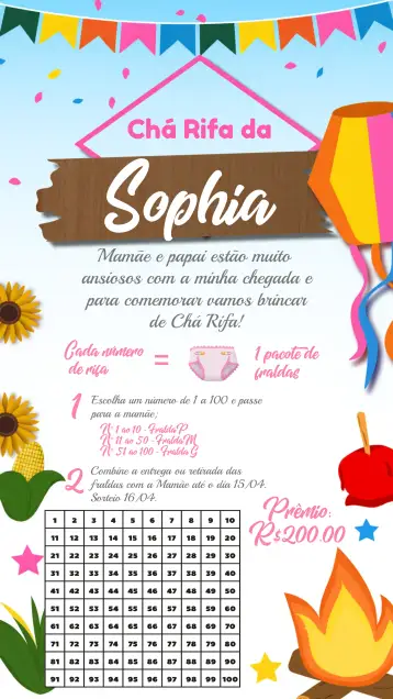 Convite Baby Shower Fiesta Junina / para baby shower para celebrar la llegada del bebé con alegría. – tema baby shower (colorido, junino, tradicional, divertido, tropical, festivo)
