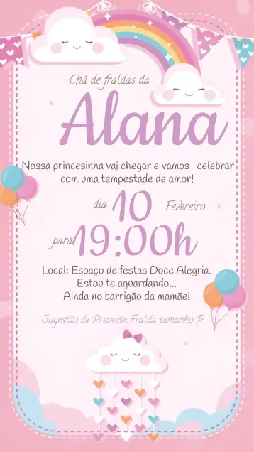 Convite Baby Shower Rain of Love Blessings para baby shower – tema baby shower (nubes, tonalidades pastel, ilustraciones infantiles, diseño lúdico, elementos gráficos delicados)