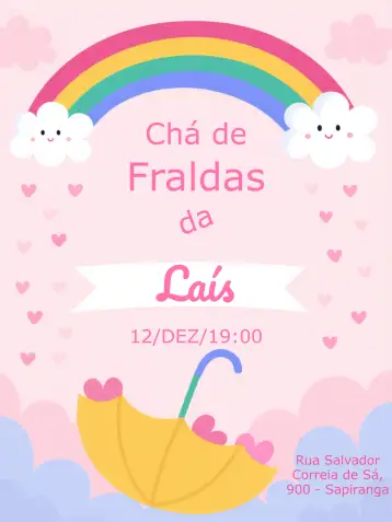 Convite Baby Shower Rain of Love Iris para baby shower to celebrate the arrival of the baby. – tema baby shower (rosa, nubes, corazones, arcoíris, delicado, moderno)