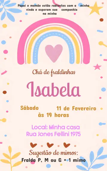 Convite Baby Shower Lluvia de Amor Rosa Arco para baby shower – tema baby shower (delicado, moderno, colorido, feminino, alegre, lúdico)