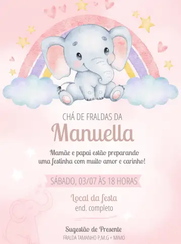 Convite Baby Elephant Diaper Shower para baby shower de pañales del bebé. – tema baby shower (delicado, lúdico, rosa, minimalista, infantil, estampa de elefante)