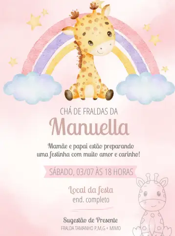 Convite Baby Shower Giraffe Pink Rainbow Arch para baby shower to celebrate the arrival of your baby. – tema baby shower (jirafita, rosa, arcoíris, infantil, colorido, tierno)