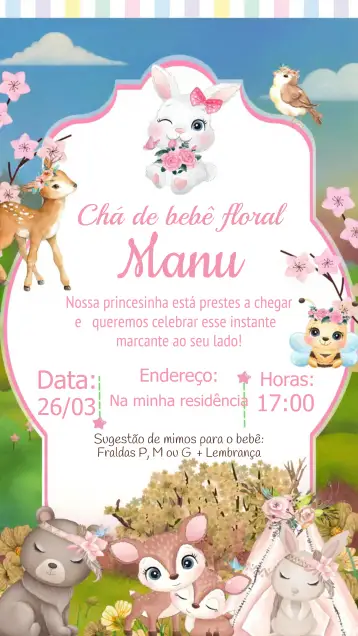 Convite Chá De Fraldas Jardim Encantado Delicado para chá de fraldas para celebrar a chegada de um bebê. – tema chá de fraldas (floral, delicado, jardim encantado, cores suaves, infantil, natureza)