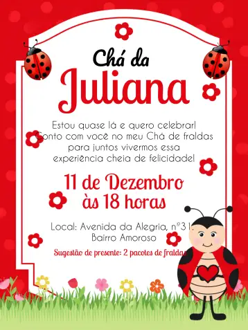 Convite Chá De Fraldas Joaninha Bolinhas para chá de bebê. – tema chá de fraldas (vermelho, branco, preto, lúdico, animais)