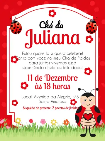 Convite Chá De Fraldas Joaninha Bolinhas editável e personalizável