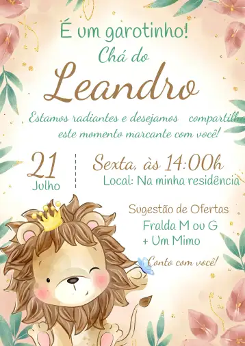 Convite Chá De Fraldas Leãozinho editável e personalizável