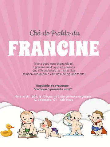 Convite Chá De Fraldas Menina Bebês para chá de fraldas para meninas – tema chá de fraldas (rosa, delicado, infantil, nuvens, coração, patinho)
