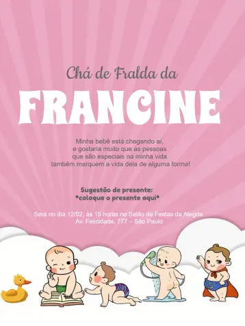 Convite Chá De Fraldas Menina Bebês editável e personalizável