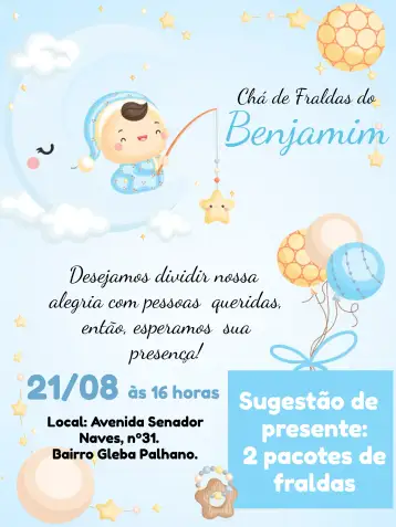 Convite Chá De Fraldas Menino Arco para chá de fraldas para meninos. – tema chá de fraldas (azul claro, nuvens, moderno, lúdico, balões, arco-íris)