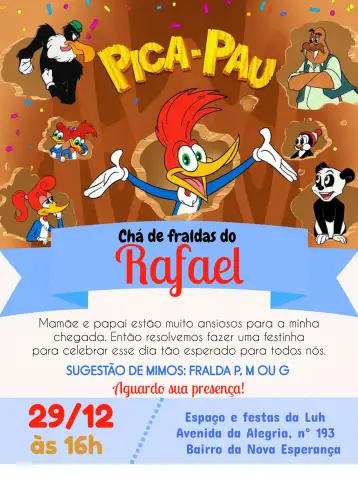 Convite Baby Shower Pica Pau Bebé para baby shower – tema baby shower (colorido, divertido, animales, moderno, infantil, juguetón)