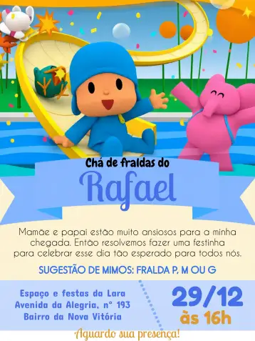 Convite Chá De Fraldas Pocoyo Rosa para chá de fraldas para meninas. – tema chá de fraldas (rosa, ilustrações infantis, colorido, divertido, fofo, moderno)