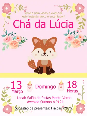 Convite Fox Pink Baby Shower Diaper Tea para baby shower for baby. – tema diaper shower (cute, colorful, floral, modern, vintage, playful)