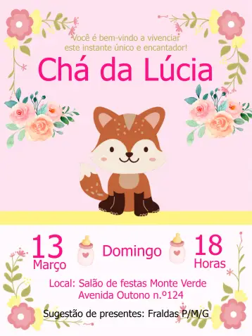 Invite Fox Pink Baby Shower Diaper Tea editable and customizable