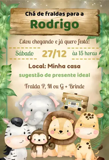 Convite Chá De Fraldas Safari Aquarela Madeira para chá de fraldas para celebrar a chegada do bebê. – tema chá de fraldas (aquarela, safari, madeira, floral, moderno, colorido)