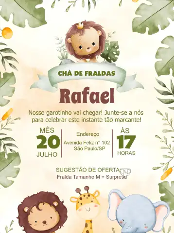 Convite Chá De Fraldas Safari Bebê editável e personalizável