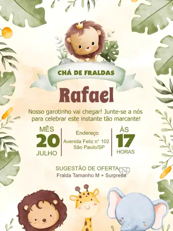Convite Chá De Fraldas Safari Bebê editável e personalizável