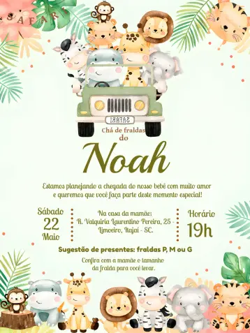 Convite Chá De Fraldas Safari - para chá de fraldas. – tema chá de fraldas (safari, verde, animais, natureza, aventura, tropical)