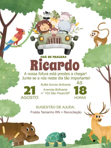 Convite Chá De Fraldas Safari Infantil para chá de fraldas para bebês. – tema chá de fraldas (safari, colorido, animais, tropical, divertido)