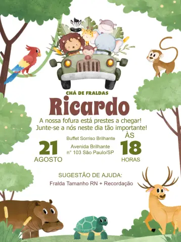 Convite Chá De Fraldas Safari Infantil para chá de fraldas para bebês. – tema chá de fraldas (safari, colorido, animais, tropical, divertido)