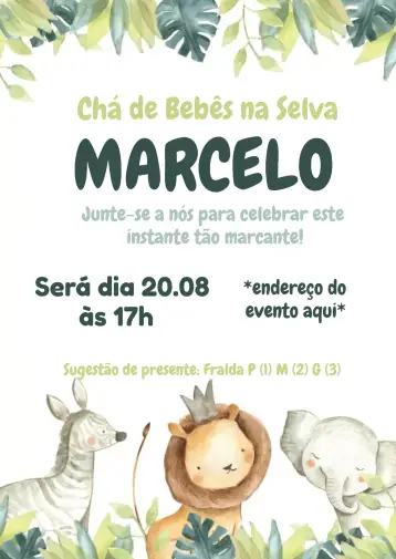 Convite Chá De Fraldas Safari Selva para chá de fraldas para celebrar a chegada de um bebê. – tema chá de fraldas (selva, animais, verde, lúdico, tropical, colorido)