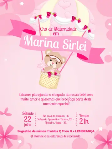 Convite Diaper Shower Bear Balloon Banner para baby shower – tema diaper shower (pink, white, childish, playful, fun, clouds)