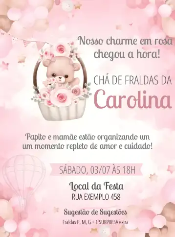 Convite Chá De Fraldas Ursinha Baloieira Baloeira editável e personalizável