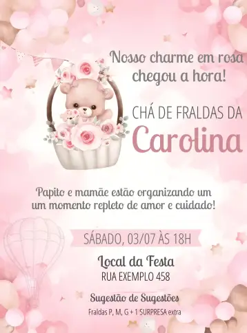 Convite Chá De Fraldas Ursinha Baloieira Baloeira para chá de fraldas para meninas. – tema chá de fraldas (rosa, delicado, lúdico, fofo, moderno)
